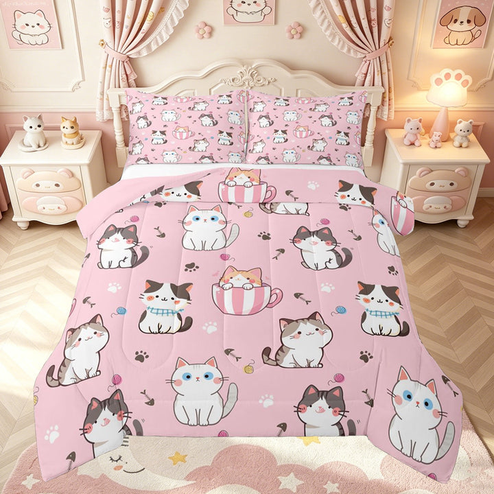 meiyoeat Pink Kawaii Cat Full Size Comforter Sets for Kids Girls, Cute Kitten Animal Bedding Comforter Set, Pink Reversible, 3pcs