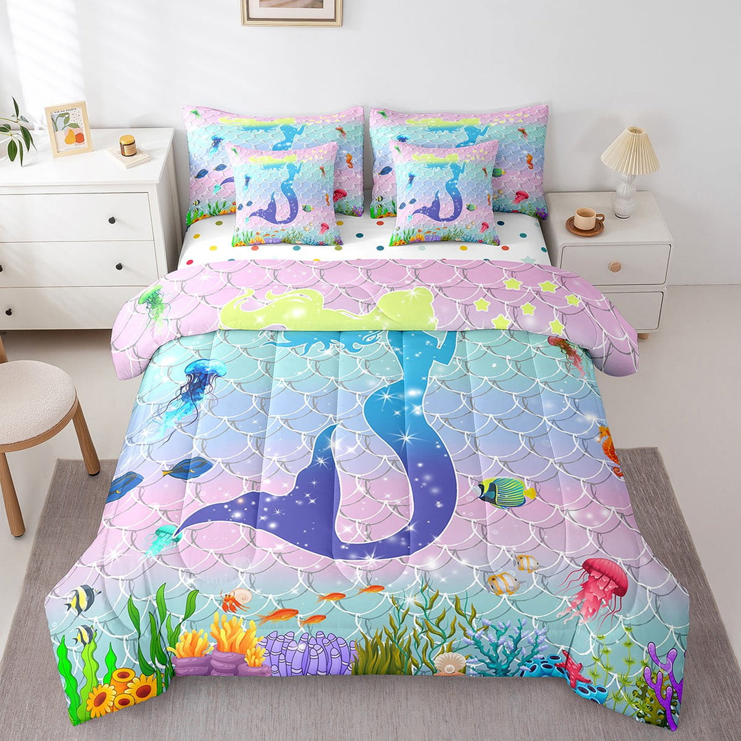 Mermaid Bed in a Bag Queen Comforter Set 7 Piece,Ocean Seahorse Jellyfish Bedding Sets Gradient Pink Green Blue Purple Fish Scale Sheet Set with Comforter