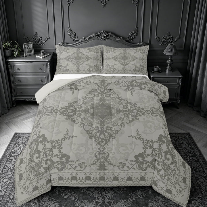 Erosebridal Gray Victorian Flower Queen Comforter Set,Gothic Damask Theme Bedding Comforter Set For Adult,Reversible lightgray,3pcs