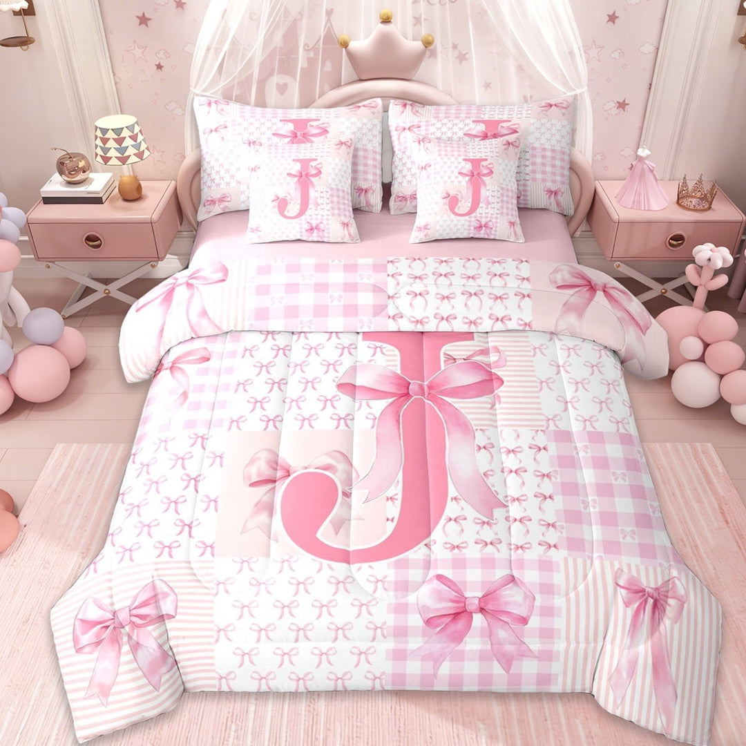 Erosebridal Girl Bowknot Gifts 7-Piece Twin Bedding Sets,Initial Theme Monogrammed J Bedding Comforter Set For Kids,Pink Reversible