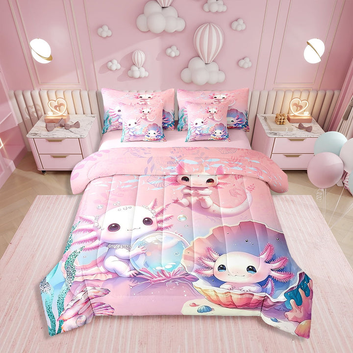 Erosebridal Cute Axolotl Comforter Set Twin Size 7 Pieces Comforters Cherry Blossom Bedding Set Cartoon Axolotl Pattern Bed Set Bed in a Bag with Comforter, Sheets, Pillowcases &amp; Cushion Covers