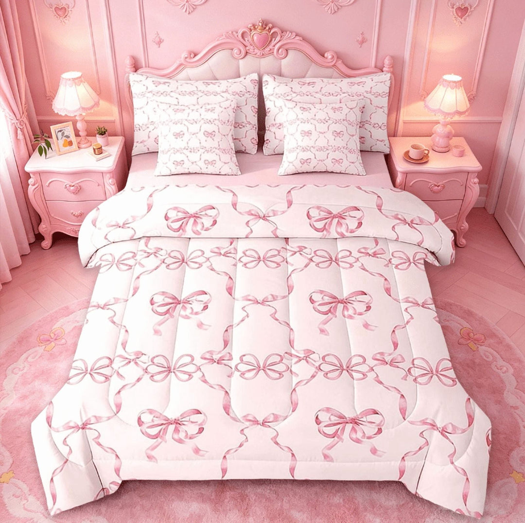 Manfei Girly Bowknot 7 Pieces Bedding Comforter Set,Ribbon Bow Kawaii Full Bedding Set For Kids Girls Women Reversible