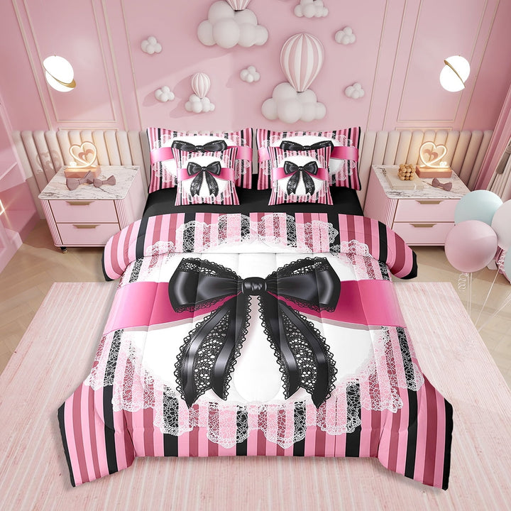 Erosebridal Lace Bow Bedding Twin Size, Romantic Bowknot Bedding Sets Twin Size, Geometric Striped Decor, Reversible 7pcs
