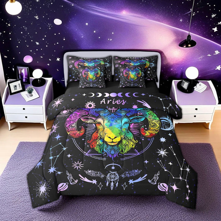 Erosebridal Boho Aries Bed in a Bag Twin Size, Hippie Horoscope Bed Set, Constellations Astrology Home Decor, Reversible 7 Pieces