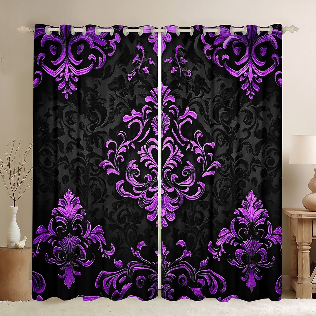 Manfei Victorian Damask Curtains Pack of 2 (42x63), Vintage Baroque Floral Black Out Curtains, Black Purple Window Curtains, Stylish Bedroom Decor
