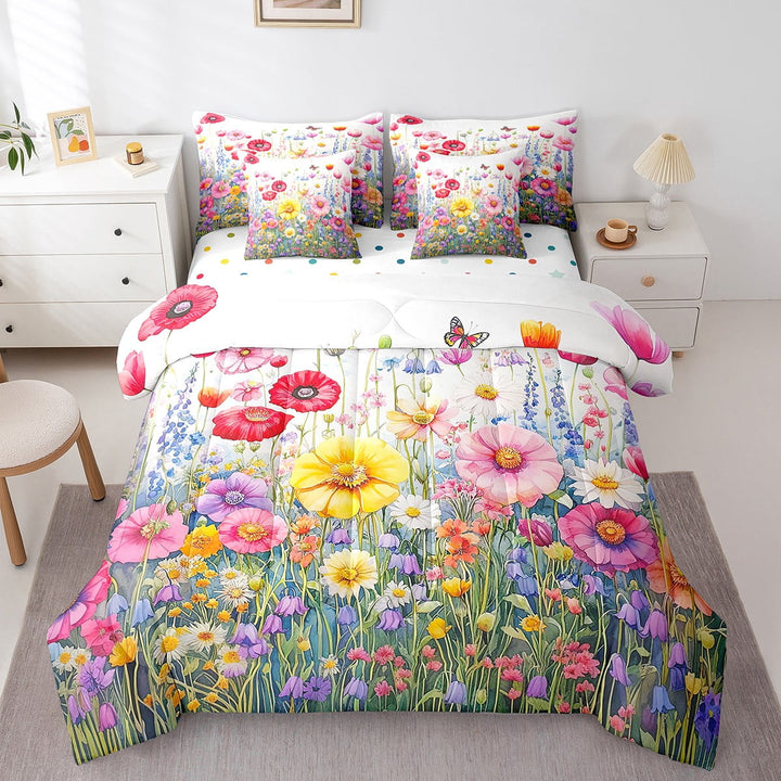 Rainbow Flowers Bed in a Bag Queen Comforter Set 7 Piece,Jungle Plant Sheet Set with Comforter Boho Floral Bedding Sets,Botanical Leaves Bed Set Country Butterfly Rustic Home Decor