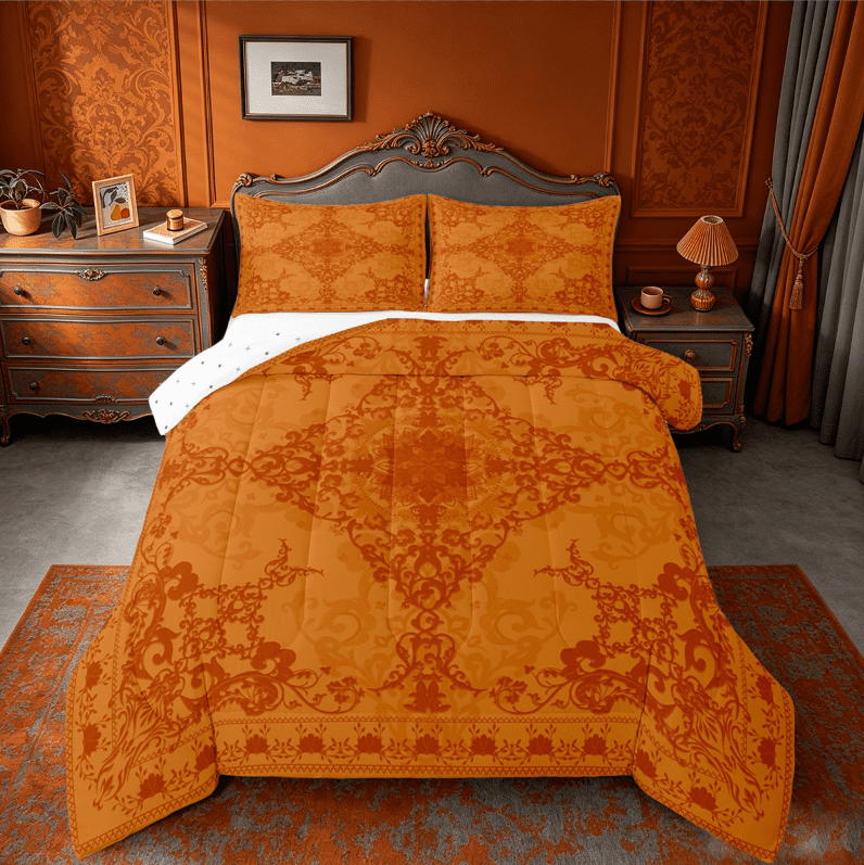 Erosebridal Orange Damask Floral Queen Comforter Set,Retro Boho Flower Bedding Comforter Set For Adults,Reversible,3 Pieces