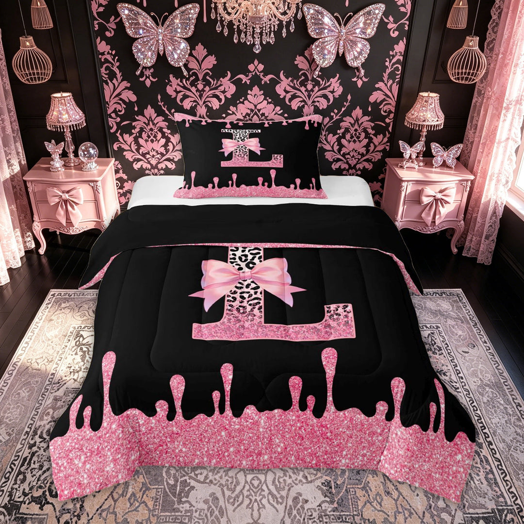 meiyoeat Leopard Print Letter L Full Size Comforter Sets for Girls Kids, Bow Initial Bedding Comforter Set for Bedroom, Pink, Black Reversible, 3-Piece, 1 Comforter and 2 Pillowcases