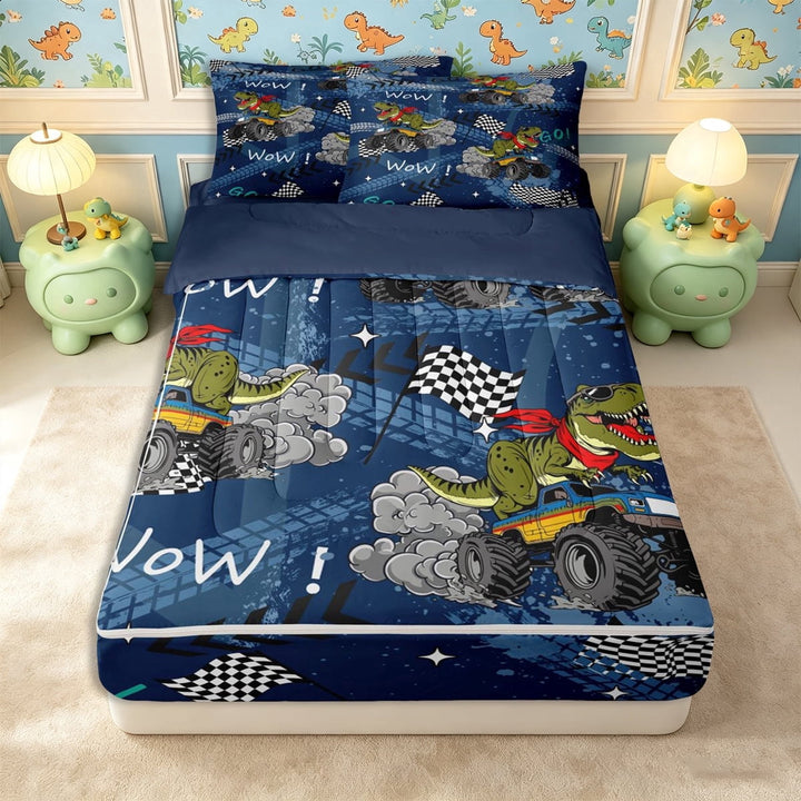 meiyoeat Cool Dinosaur Monster Truck Zipper Twin Comforter Sets with Fitted Sheet and 2 Pillowcases,Racing Checkered Flag Zipper Bedding Set,Blue Black,Reversible