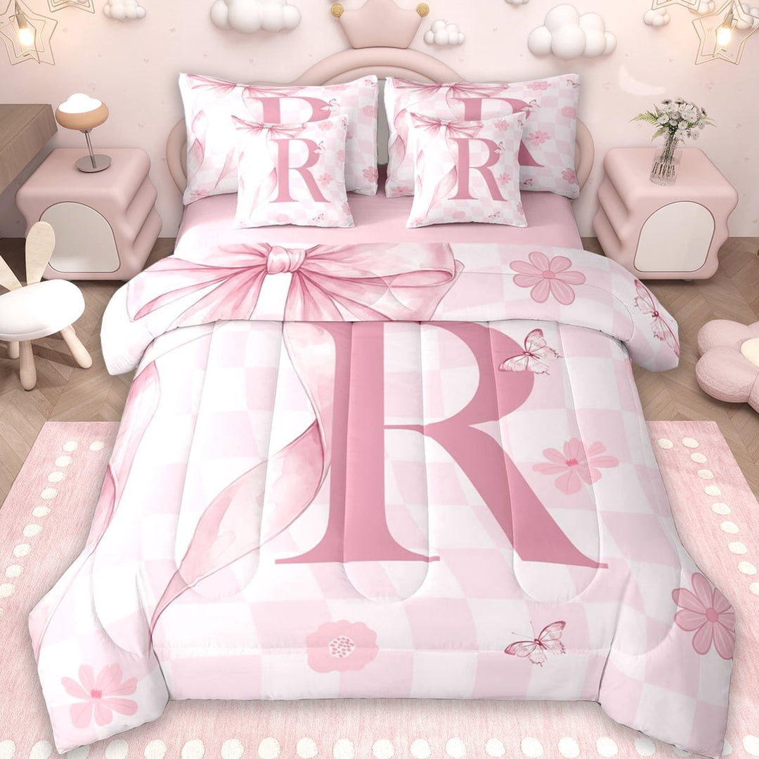 Erosebridal 7-Piece Twin Bedding Sets,Letter R Monogrammed Bedding Comforter Set For Girls Kids,Reversible pink