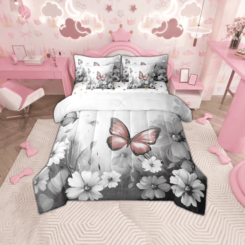 Butterfly Flowers Comforter Set 7 Piece Bed in a Bag Twin,Pink Grey Ombre Art Oil Painting Floral Bedding Sets Rustic Aesthetic Animal Daisy Flower Sheet Set with Comforter