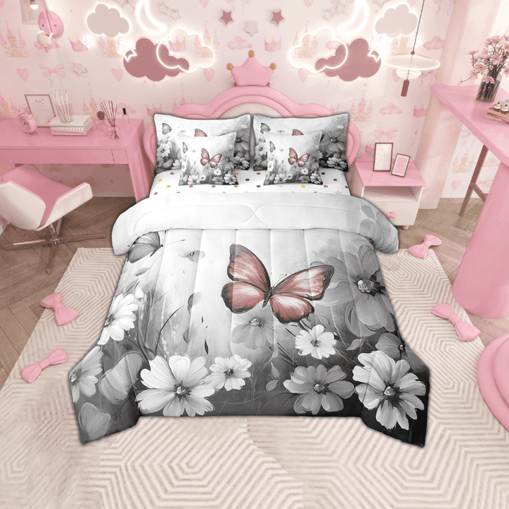Butterfly Flowers Comforter Set 7 Piece Bed in a Bag Twin,Pink Grey Ombre Art Oil Painting Floral Bedding Sets Rustic Aesthetic Animal Daisy Flower Sheet Set with Comforter