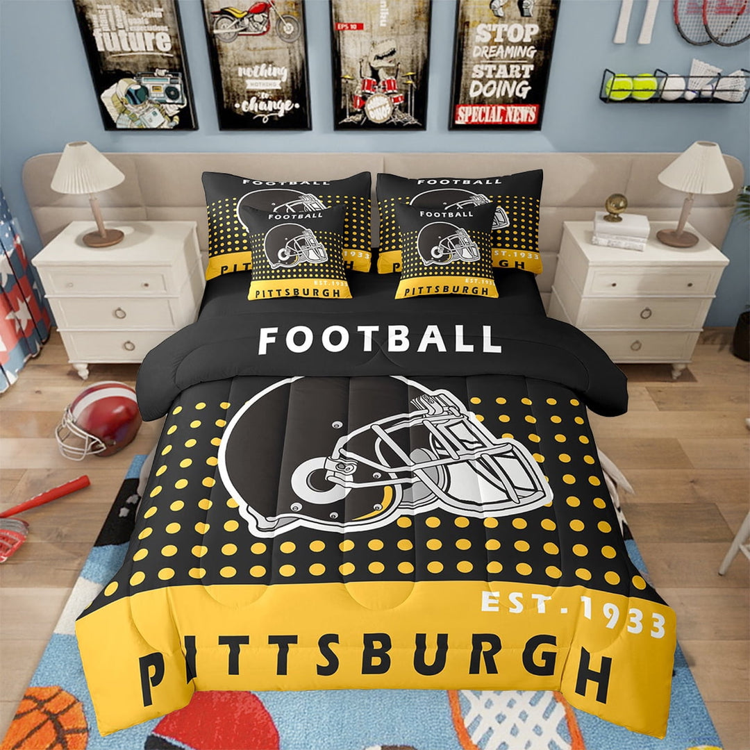 7 Piece Football Bedding Sets Football City Bed in a Bag American Football Lover Comforter Set with Sheets Gifts,Sports Game Bed Set Football Team Sheets Twin (Pittsburgh)