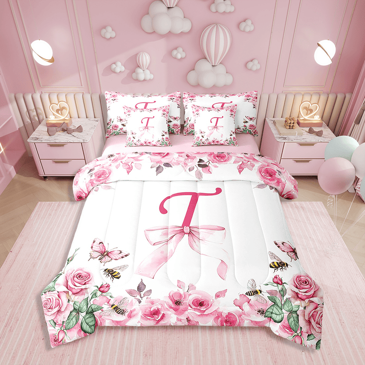 Erosebridal Twin Comforter Set,7 Pieces Initial Letter Bedding Sets Twin Bed in a Bag with Reversible Bowknot Alphabet Bed Set,A-Z Comforter,Sheets,Pillowcases and Shams