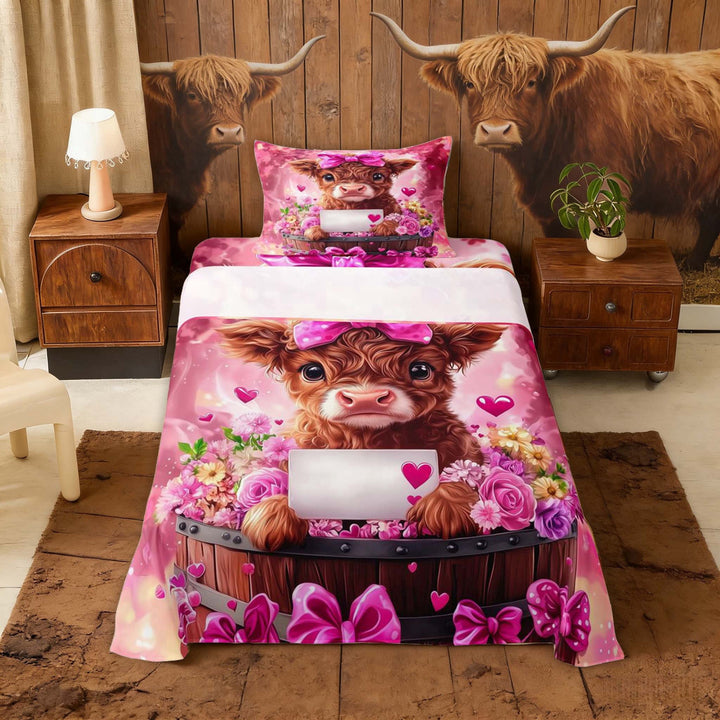 Erosebridal Kawaii Highland Cow Twin Sheet Sets for Girls, Pink Flower Bowknot Bedding, 3pcs (1 Flat Sheet, 1 Fitted Sheet and 1 Pillowcase)