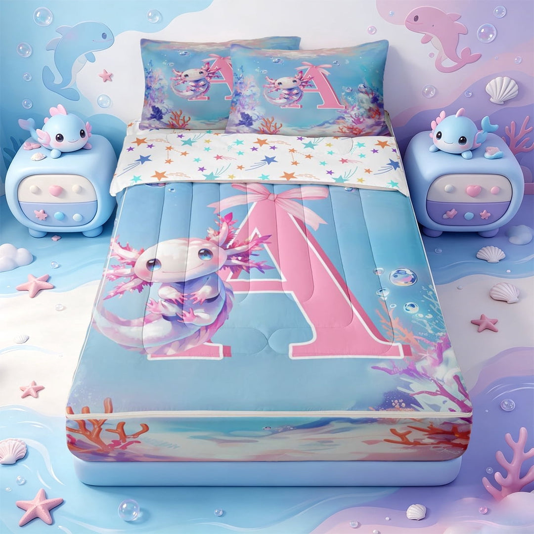 meiyoeat Cute Axolotl Zipper Twin Comforter Sets with Fitted Sheet and 2 Pillowcases For Girls,Pink 3D Cartoon Monogrammed A Zipper Bedding Set,Colorful Stars Reversible,4pcs