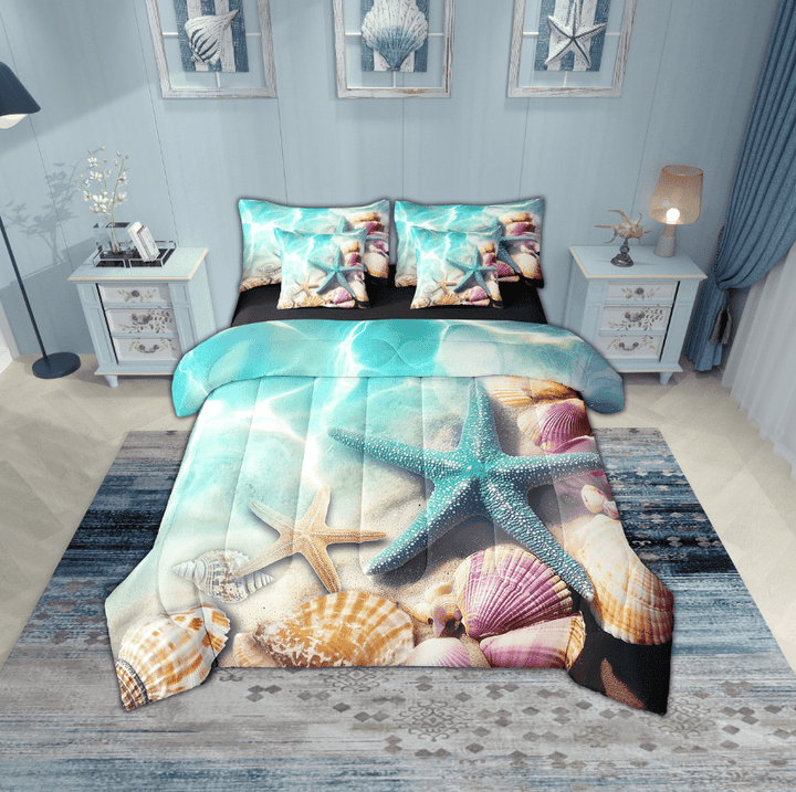 Erosebridal 3D Starfish Bedding Sets Twin Size, Kawaii Seashell Comforter Sets with Sheets, Blue Ocean Reversible Bedding Twin Size, Ultra Soft Bedroom Decor, 7 Pieces
