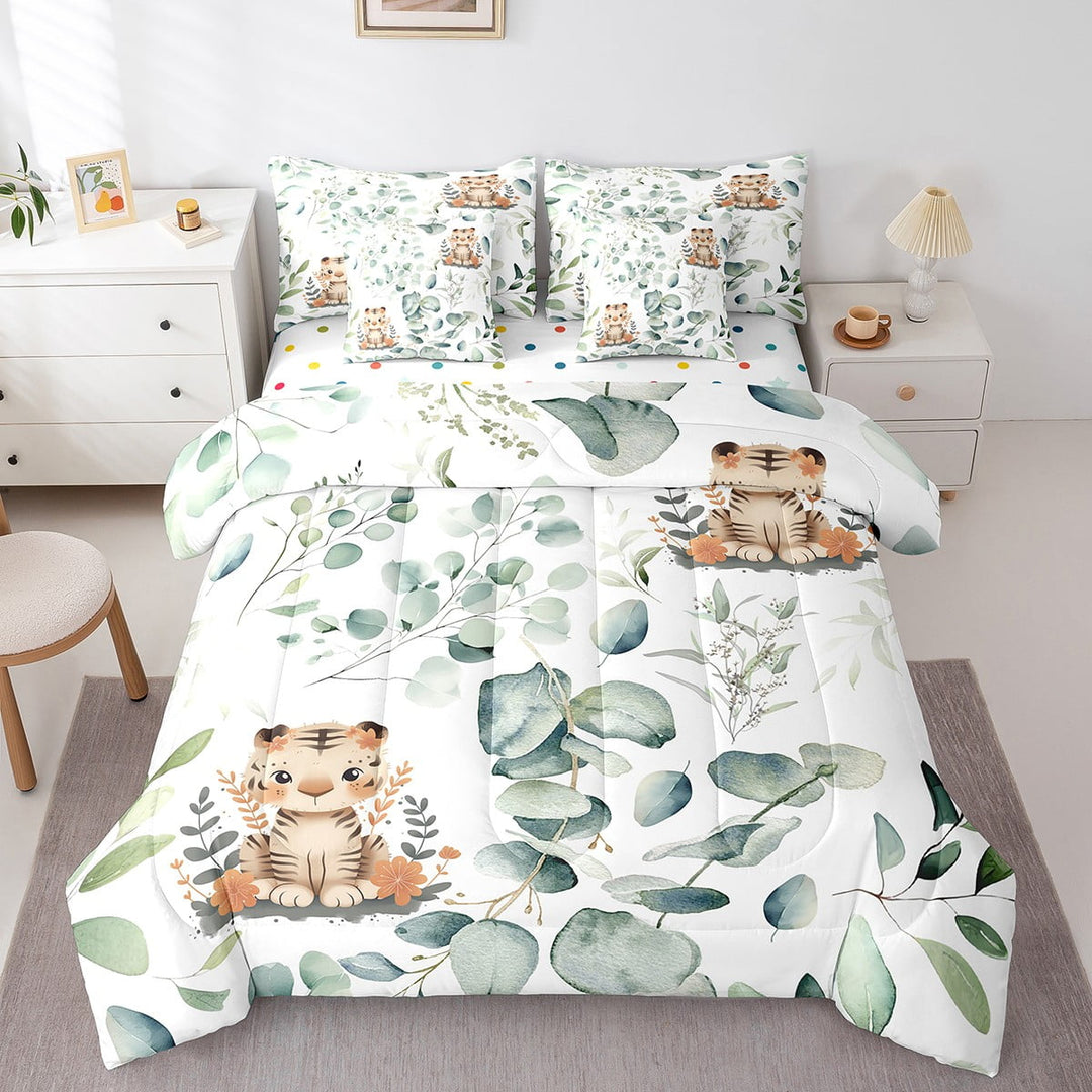 7-Piece Cute Animal Bedding Twin Cartoon Tiger Comforter Set, Eucalyptus Bedding Comforter Sets Watercolor Leaves Bed in a Bag, Kawaii Jungle Animal Bedding Accessories