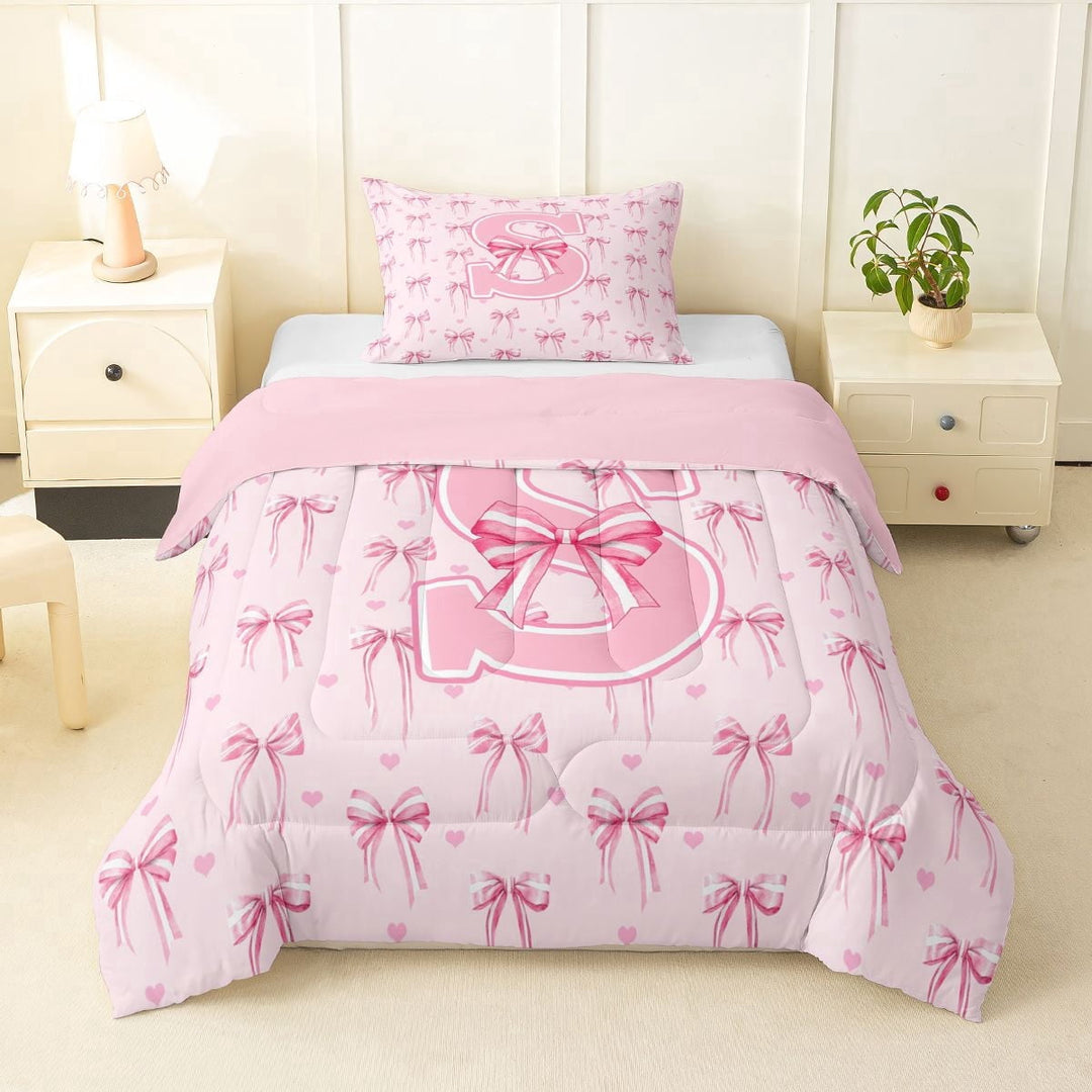 Erosebridal Pink Bow Tie Initial S Twin Comforter Sets 3-Piece For Children Teens,Cute Love Heart Print Bedding Set For Girls,Pink Reversible