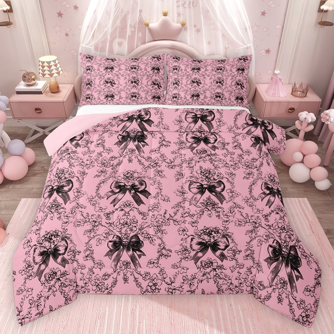 Erosebridal Dreamy Bow-Tie Queen Comforter Set for Girls, Black Pink Bedding Comforter Set, Pink Reversible, 1 Comforter and 2 Pillowcases