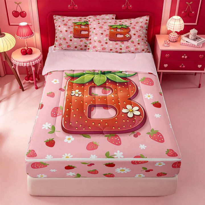 meiyoeat Cute Fruit Monogrammed B Zipper Full Size Comforter Sets with Fitted Sheet and 2 Pillowcases,Kawaii Strawberry Floral Zipper Bedding Set For Girl,Pink Reversible,4 Pieces