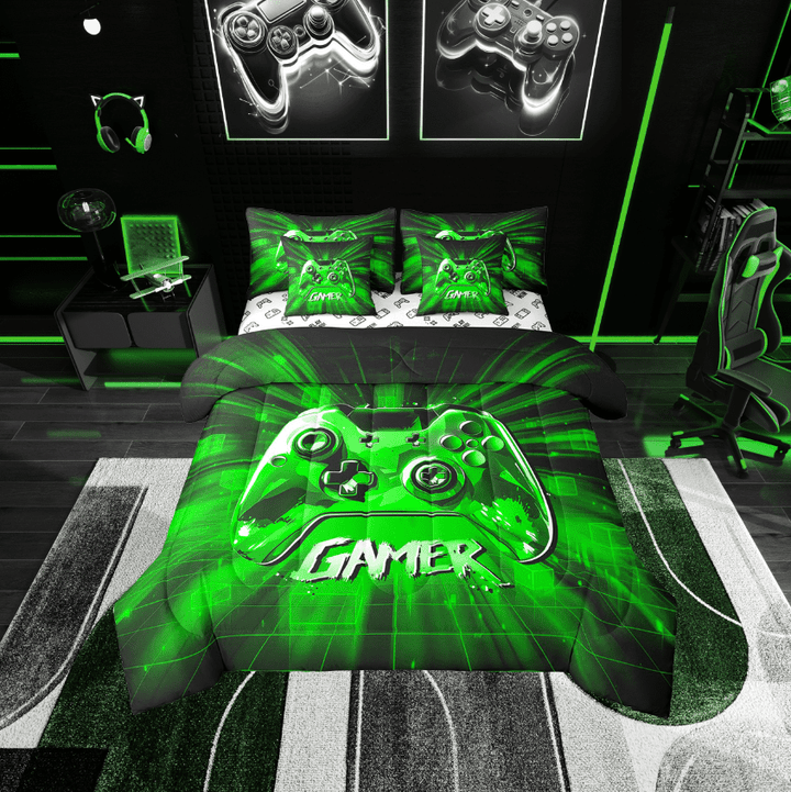 Erosebridal Green Gamer Bedding Sets Twin Size,Geometric Buffalo Comforter Sets with Sheets,Video Game Bed in a Bag Twin size,Microfiber Gamepads Bedroom Decorative,Reversible,7-Piece