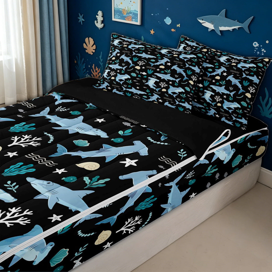 meiyoeat Cartoon Shark Zipper Full Size Comforter Sets with Fitted Sheet and 2 Pillowcases for Kids Boys, Seaweed Ocean Animals Zipper Bedding Set for Bedroom, Black Blue, Black ReversibleB