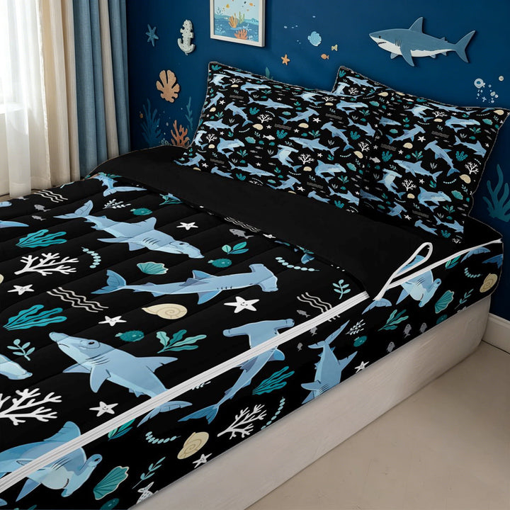 meiyoeat Cartoon Shark Zipper Full Size Comforter Sets with Fitted Sheet and 2 Pillowcases for Kids Boys, Seaweed Ocean Animals Zipper Bedding Set for Bedroom, Black Blue, Black ReversibleB
