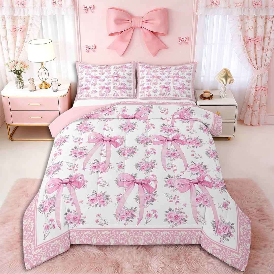 Erosebridal Vintage Ribbon Bow Full Size Comforter Sets 3 Pieces for Girls Women,Romantic Floral Roses Bedding Sets for Teens Adults,Pink Reversible,Breathable Home Decor