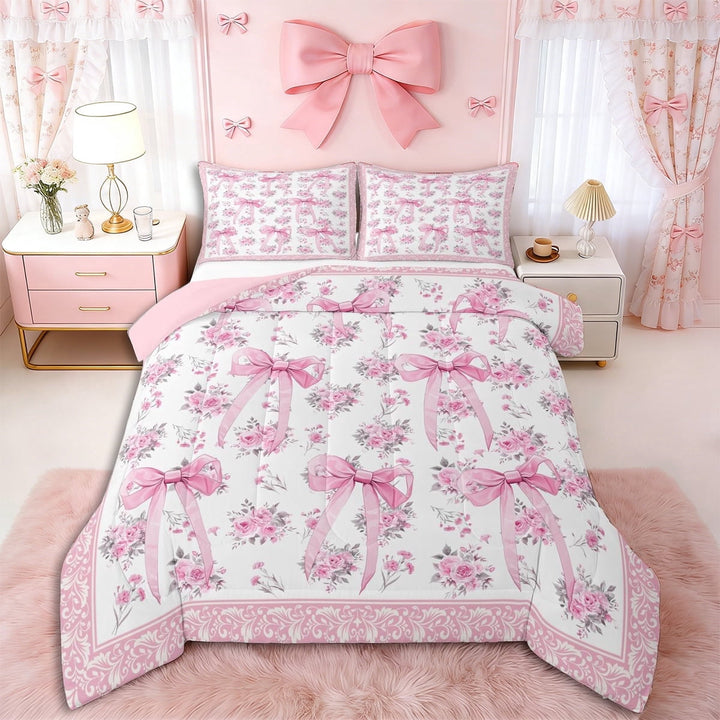 Erosebridal Vintage Ribbon Bow Full Size Comforter Sets 3 Pieces for Girls Women,Romantic Floral Roses Bedding Sets for Teens Adults,Pink Reversible,Breathable Home Decor