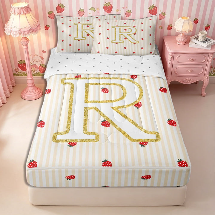 Meiyoeat Red Strawberry Letter R Zipper Full Size Comforter Sets with Fitted Sheet and 2 Pillowcases for teens, Kawaii Fruit Stripe Print Zipper Bedding Set, Gold Red,4pcs