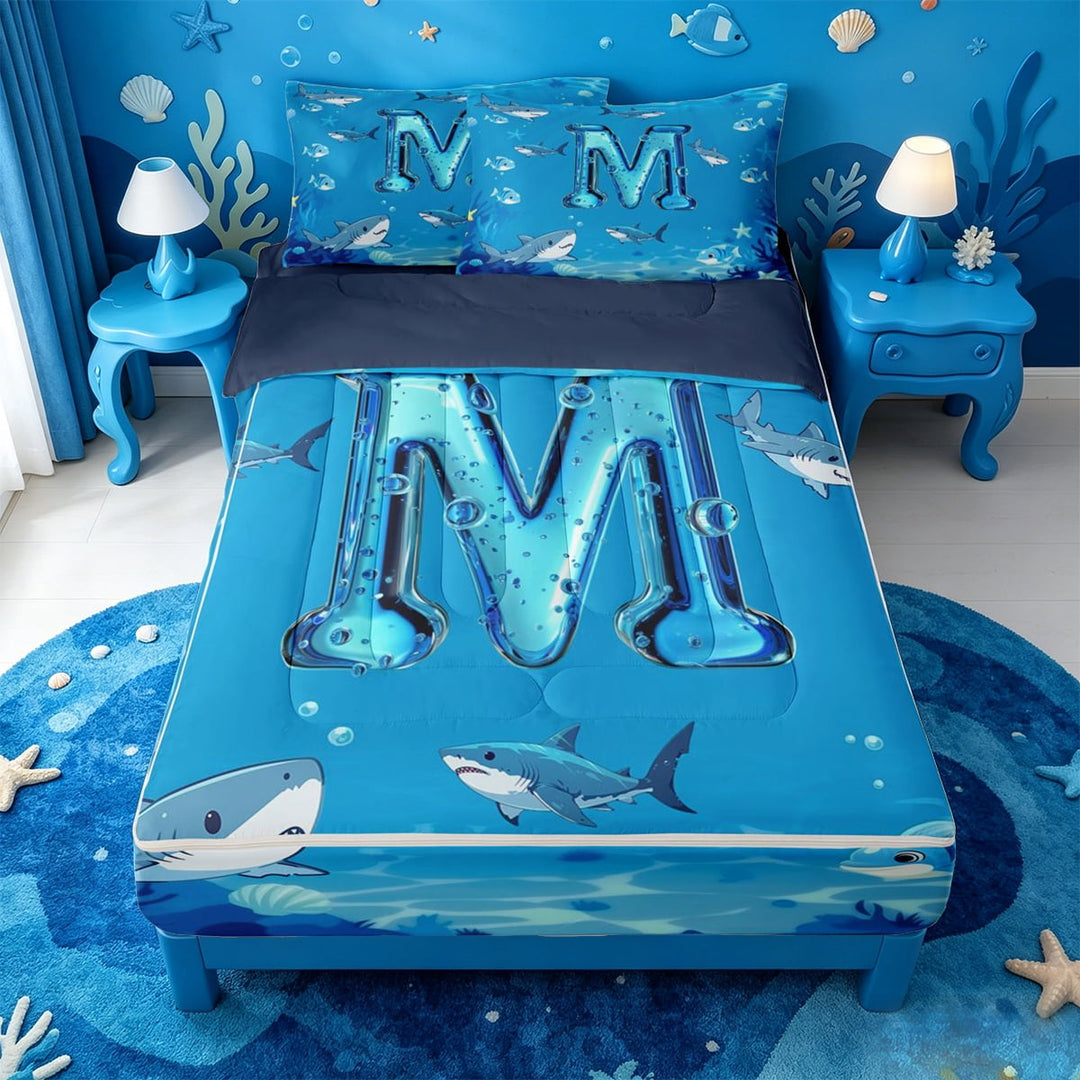 meiyoeat Cute Shark Monogram M Zipper Full Size Comforter Sets with Fitted Sheet and 2 Pillowcases For Boys,Ocean Theme Zipper Bedding Set,Navy Blue Reversible,4-Piece