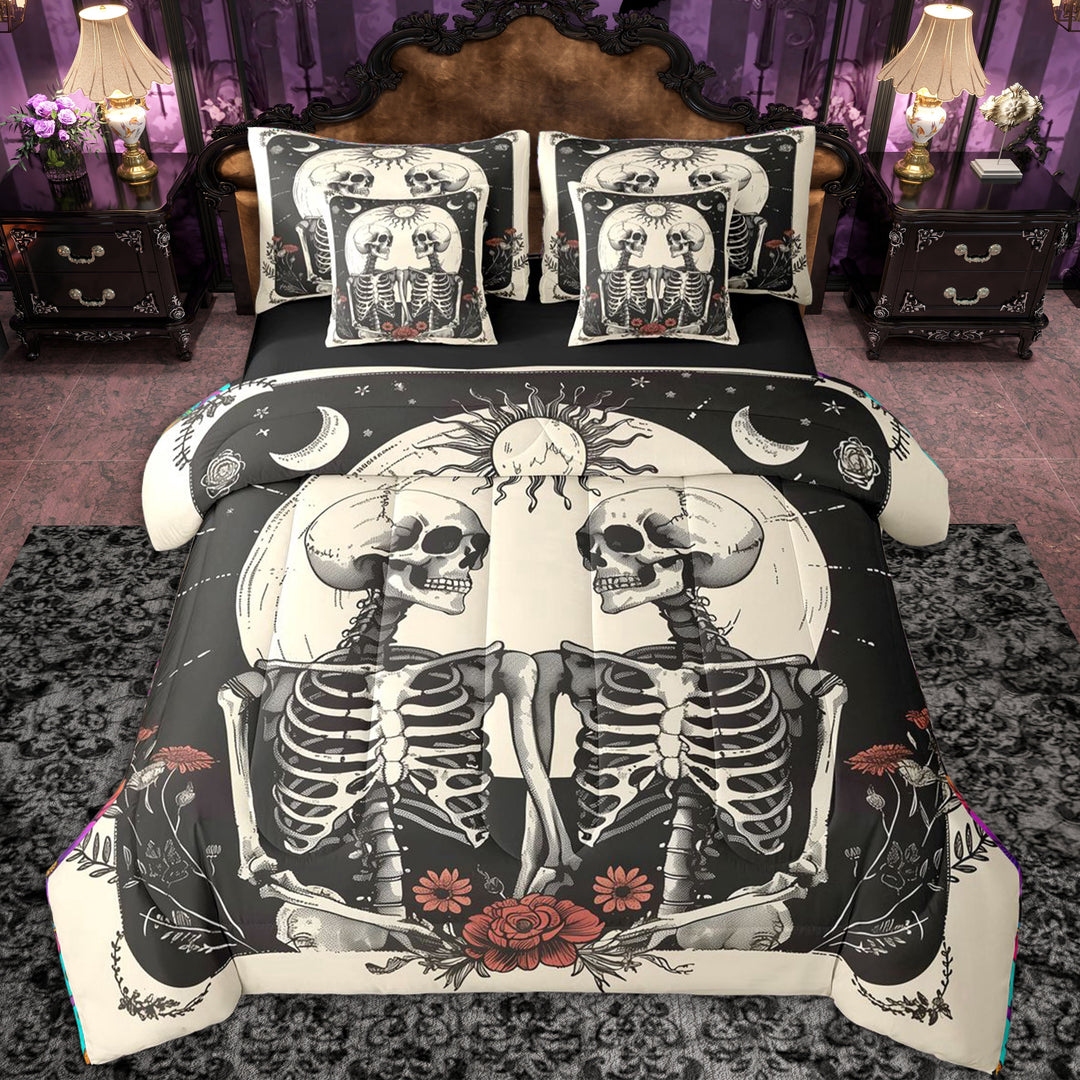 Erosebridal Gothic Skull Skeleton Bedding Comforter Set 7pcs for Teens Adults,Boys Girls Chic Flowers Happy Halloween Queen Bedding Sets,Black Reversible,Super Cozy Room Decor
