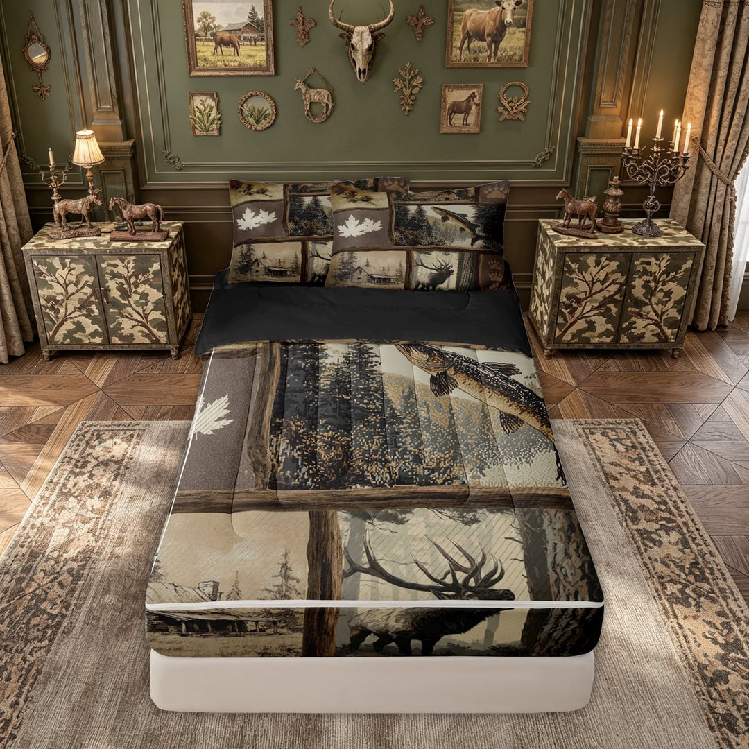 meiyoeat Vintage Wood Deer Pike Fishing Zipper Full Size Comforter Sets with Fitted Sheet and 2 Pillowcases, Rustic Cabin Pine Tree Zipper Bedding Set, Black Reversible, 4pcs