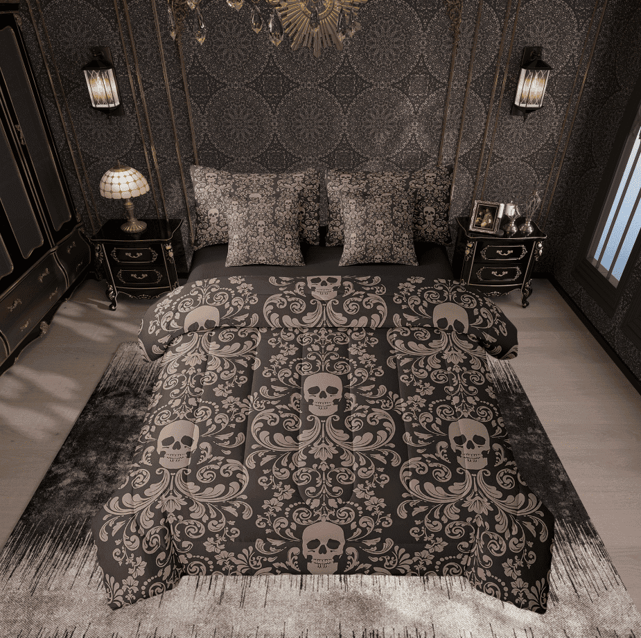 Damask Gothic Bedding Set Adults Antique Victorian Bed in a Bag King Size Comforter Set 7 Pieces,Burnt Sienna Sugar Skull Sheet Set Vintage Floral Goth Bed Set,Exotic Bone Skeleton Bohemian Decor