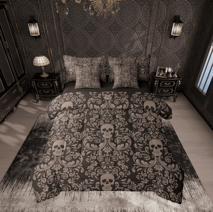 Damask Gothic Bedding Set Adults Antique Victorian Bed in a Bag King Size Comforter Set 7 Pieces,Burnt Sienna Sugar Skull Sheet Set Vintage Floral Goth Bed Set,Exotic Bone Skeleton Bohemian Decor