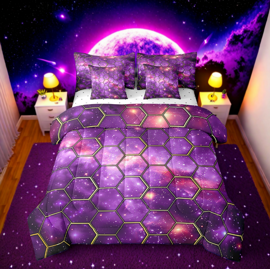 Erosebridal Geometric Honeycomb Bedding Sets Twin Size,Mystic Universe Starry Sky Comforter Sets with Sheets,Hexagon Decor,Reversible,7pcs