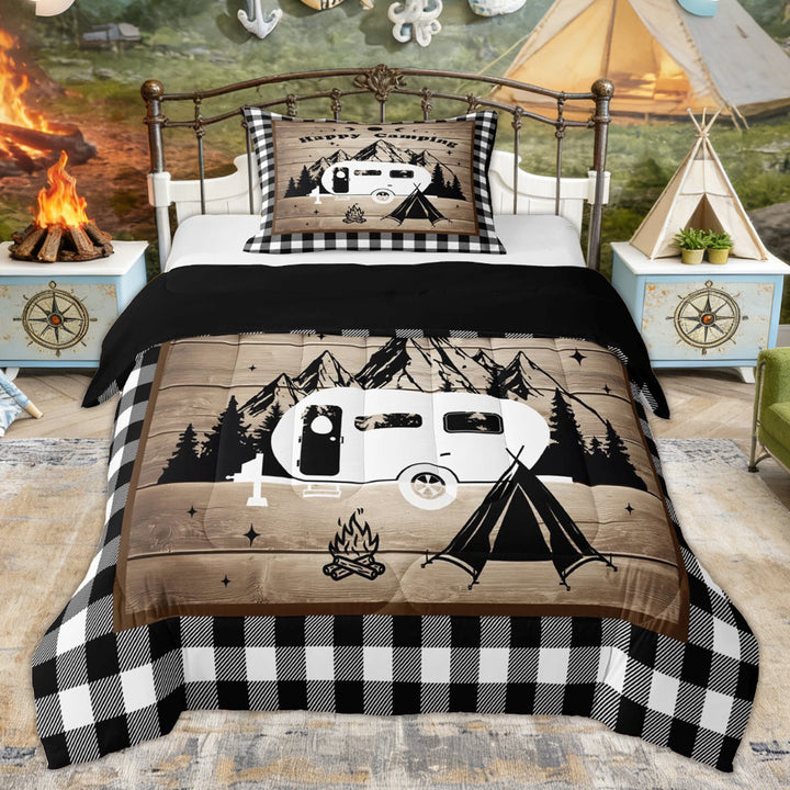 Erosebridal Plaid RV Car Tent Twin Comforter Sets, Rustic Wooden Plank Bedding Set for Men and Women, 2-Piece