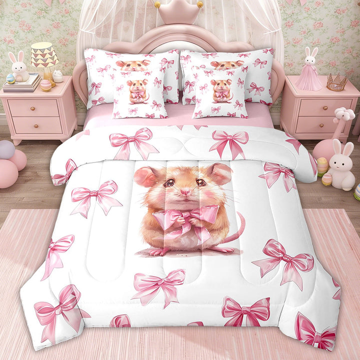 Erosebridal Bowknot Guinea Pig Bedding Sets Twin with Comforter, Princess Bow Bedding Set,, Pink Reversible 7 Pieces