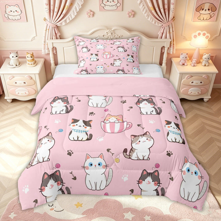 meiyoeat Pink Kawaii Cat Full Size Comforter Sets for Kids Girls, Cute Kitten Animal Bedding Comforter Set, Pink Reversible, 3pcs