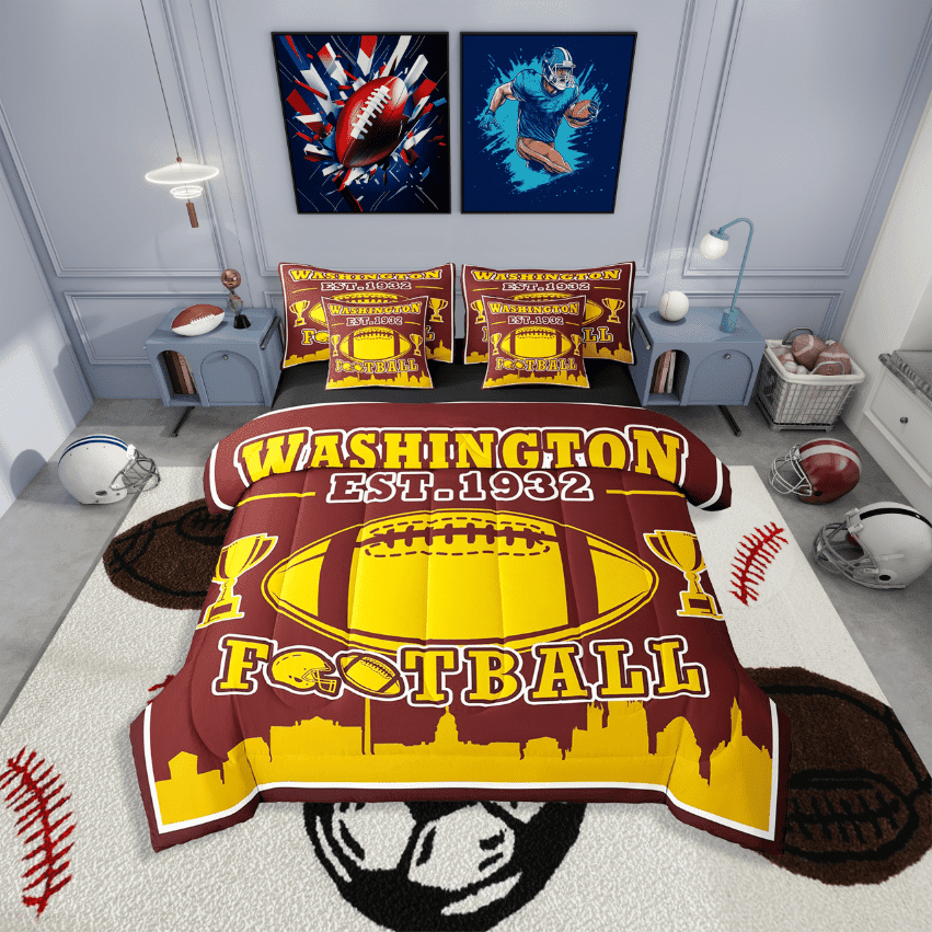 Erosebridal Football Print Bedding Sets Twin Size,Red Golden Comforter Sets with Sheets,Teenager Bedroom Decor(Washington),Reversible,Lightweight,7-Piece