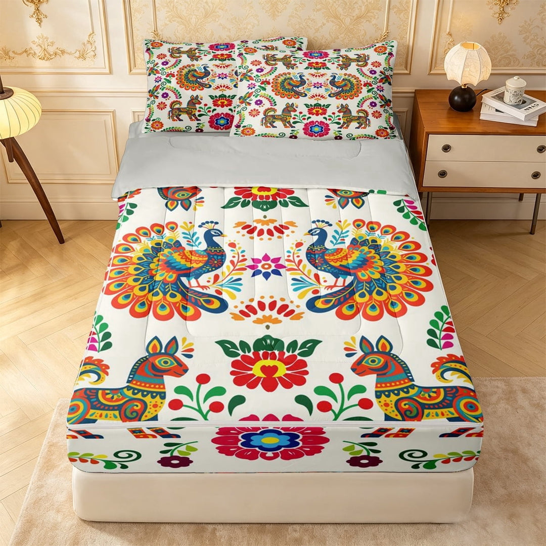 meiyoeat Vibrant Boho Floral Zipper Twin Comforter Sets with Fitted Sheet and 2 Pillowcases For Men Women,Peacock Print Zipper Bedding Set,White Multicolor,Light Gray Reversible,4-Piece