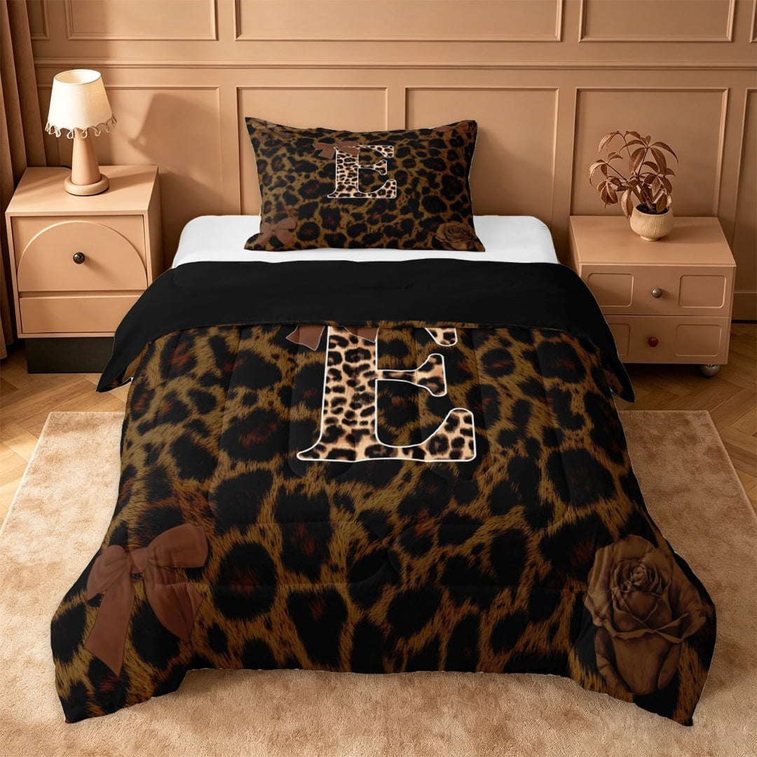 Erosebridal Leopard Pattern Letter E Monogram Twin Comforter Sets,Princess Bowtie Bedding Set For Girls Kids,Black Reversible,2 Pieces