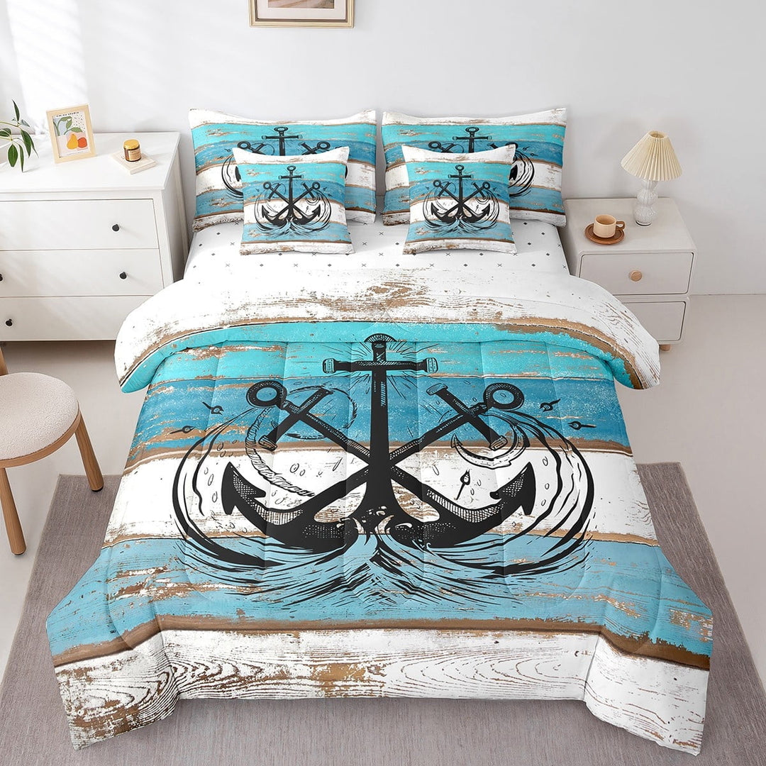 Ocean Anchor Bed in A Bag 7 Piece Queen,Rustic Wooden Plank Printed Comforter Set for Youth,Nautical Compass Bedding Sets,Retro Summer Hawaii Quilt with Flat Fitted Sheet,Pillow Covers