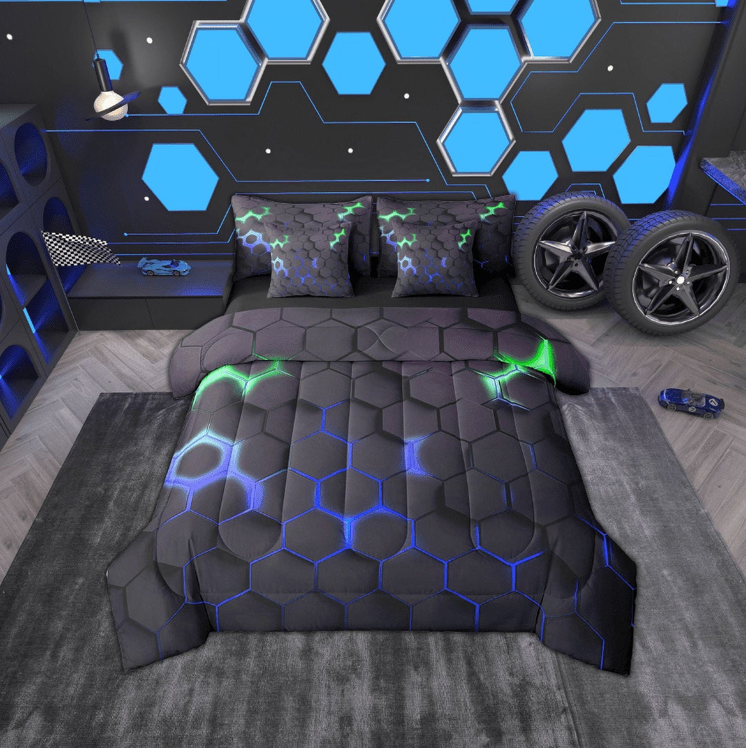 Erosebridal Geometry Hexagon Bed in a Bag Twin Size, Neon Blue Green Honeycomb Bed Set, Reversible 7 Pieces
