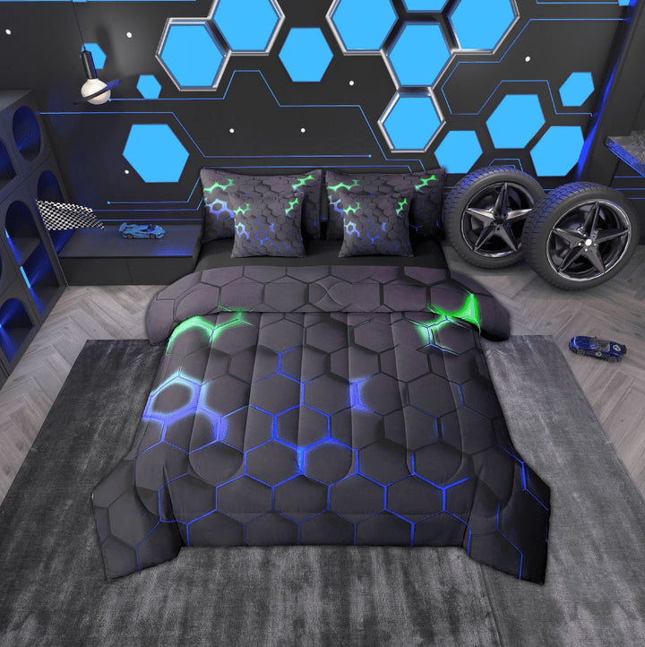 Erosebridal Geometry Hexagon Bed in a Bag Twin Size, Neon Blue Green Honeycomb Bed Set, Reversible 7 Pieces