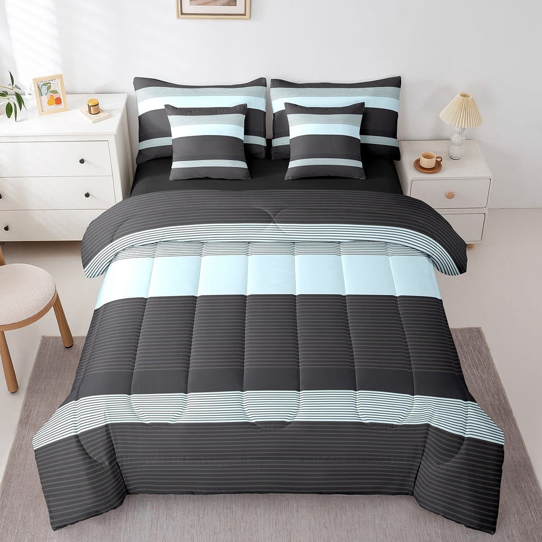 Erosebridal Geometric Stripes Bedding Sets Twin Size,Black Blue Comforter Sets with Sheets,Abstract Artwork Bed in a Bag Twin size,Breathable Lines Room Decoration,Reversible,7pcs