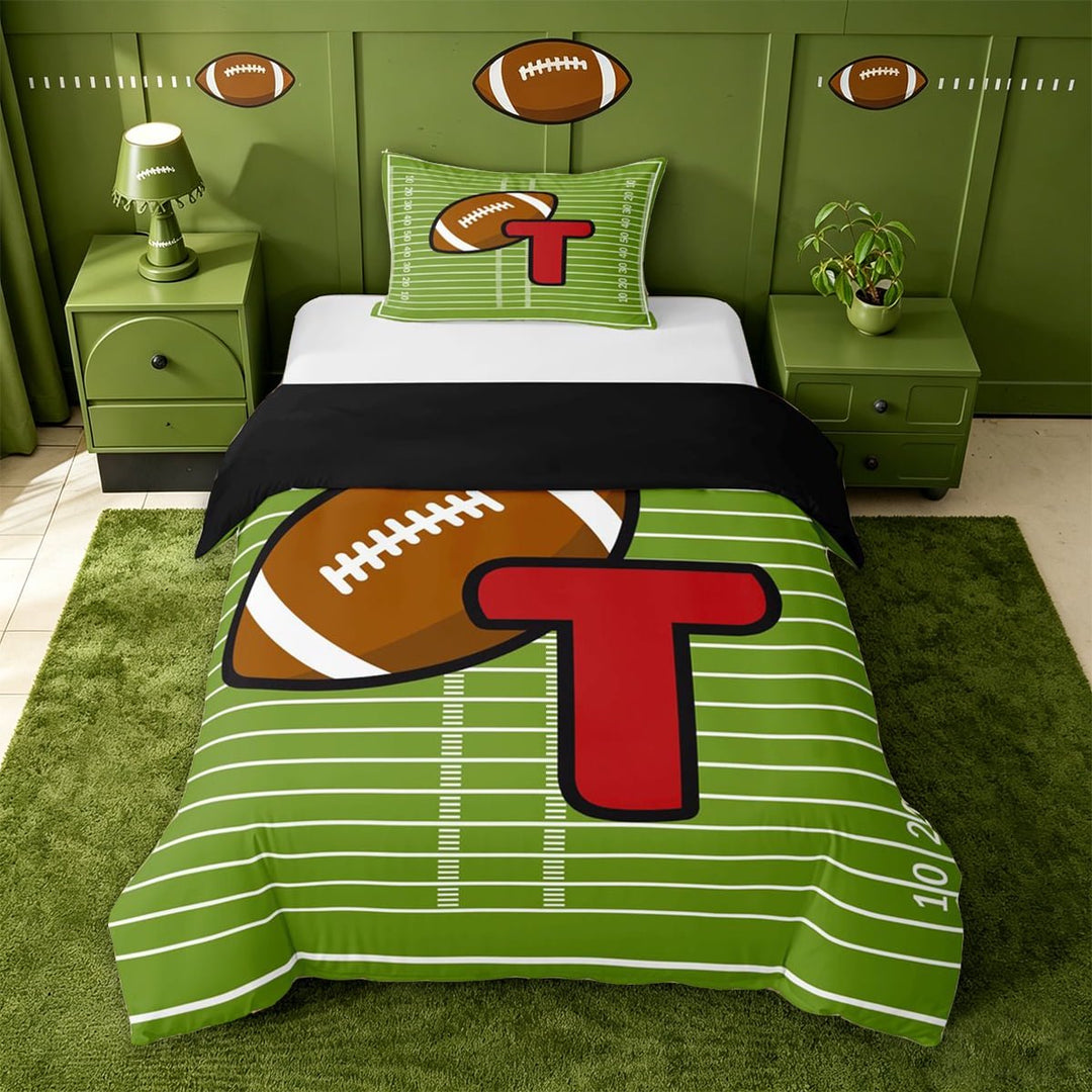 meiyoeat Boys Personalized Initial Gifts Twin Bedding For Rugby Lover,Footballs Sport T Alphabet Duvet Cover Set,black Reversible,2-Piece(No Comforter)
