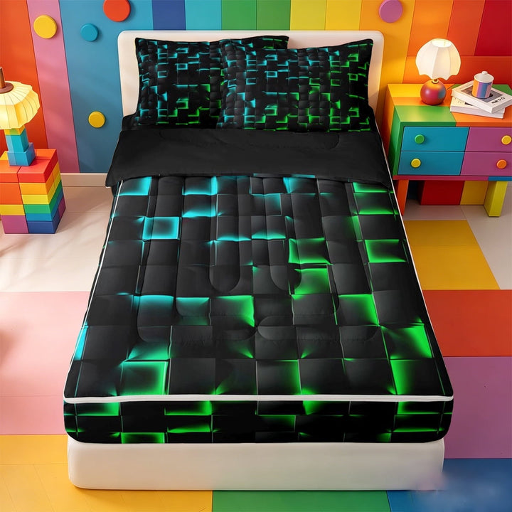 meiyoeat Classic Geometric Checkered Zipper Full Size Comforter Sets with Fitted Sheet and 2 Pillowcases For Kids,Gradient Neon Blue Green Zipper Bedding Set For Boys,Black Reversible,4-Piece