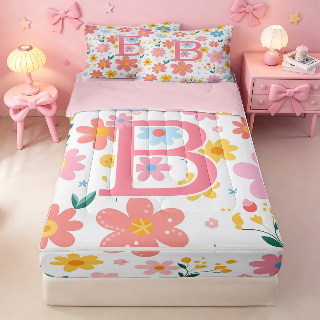 meiyoeat Colorful Cute Floral Print Zipper Twin Comforter Sets with Fitted Sheet and 2 Pillowcases For Kids,Pink Initial B Alphabet Design Zipper Bedding Set For Girls,pink Reversible,4-Piece